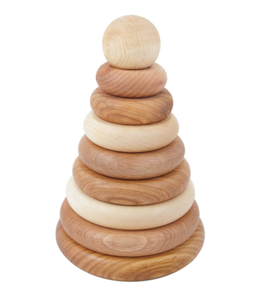 Natural round pyramid Montessori stacker made of FSC certified wood, finished with beeswax and botanical oils.