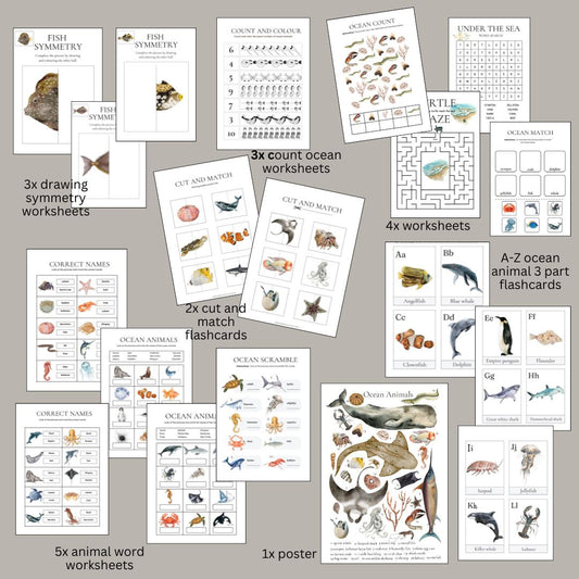 Ocean themed activity pack including worksheets, flashcards, and poster for learning fun.