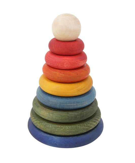 Colorful wooden Rainbow Round Pyramid Montessori Stacker with smooth, eco-friendly blocks in various sizes.