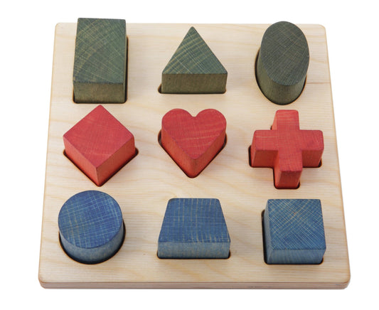 Colorful Rainbow shape puzzle board with various geometric wooden blocks in a tactile design.