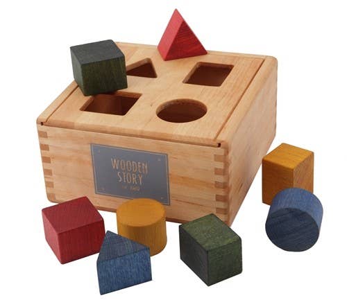 Rainbow Shape Sorter Box with colorful wooden geometric shapes for children to play and learn, eco-friendly and safe.