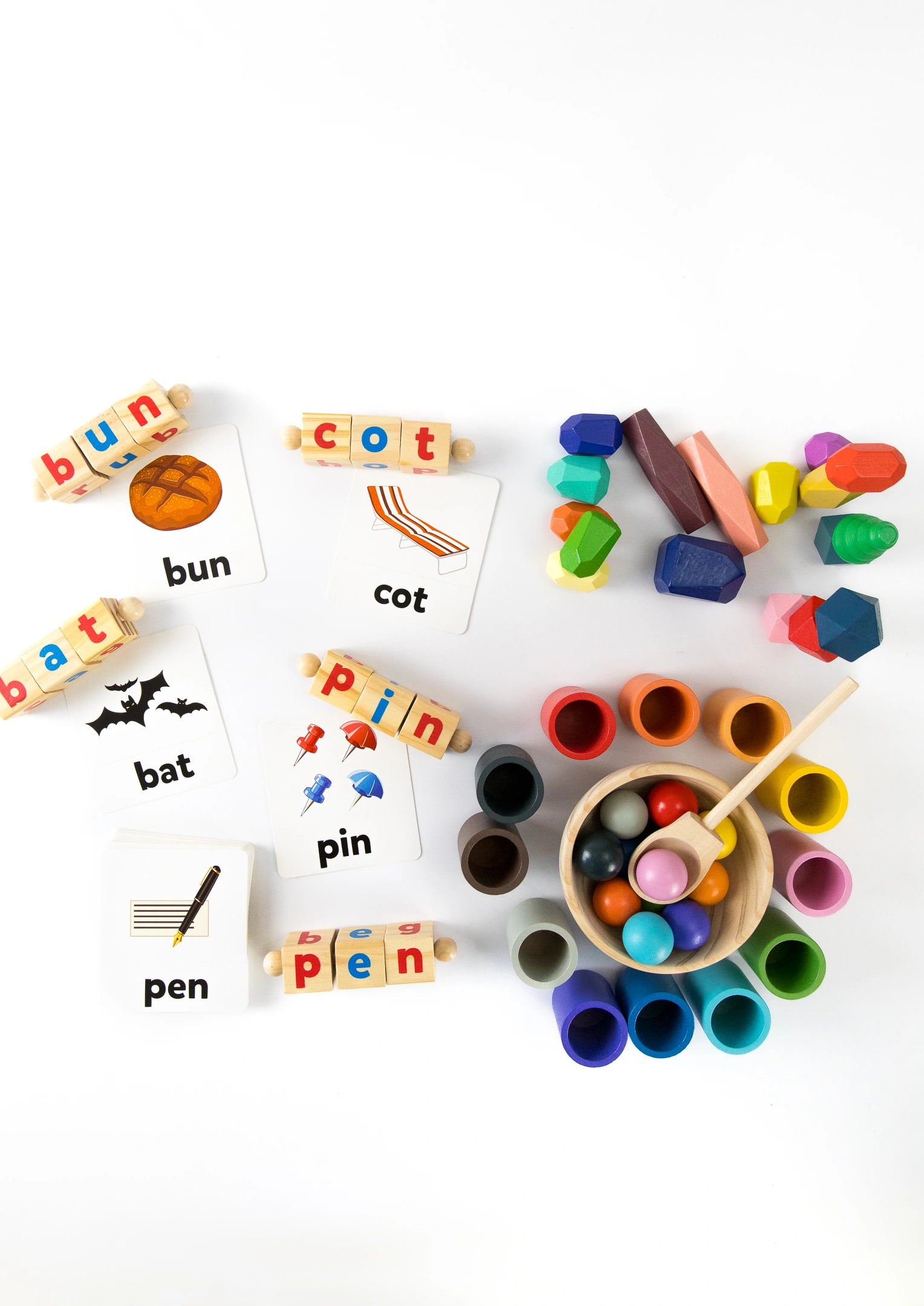 Colorful Montessori-inspired toys and literacy cards from the Little Thinker Bundle for kids aged 3 and up.