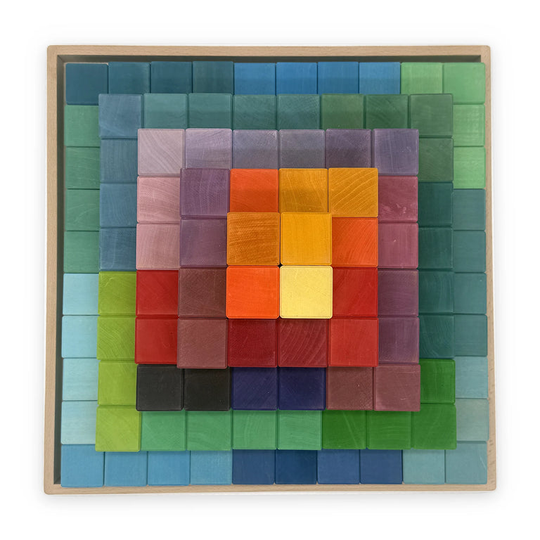 100 Piece Rainbow Pyramid with colorful wooden blocks arranged in a pyramid shape.
