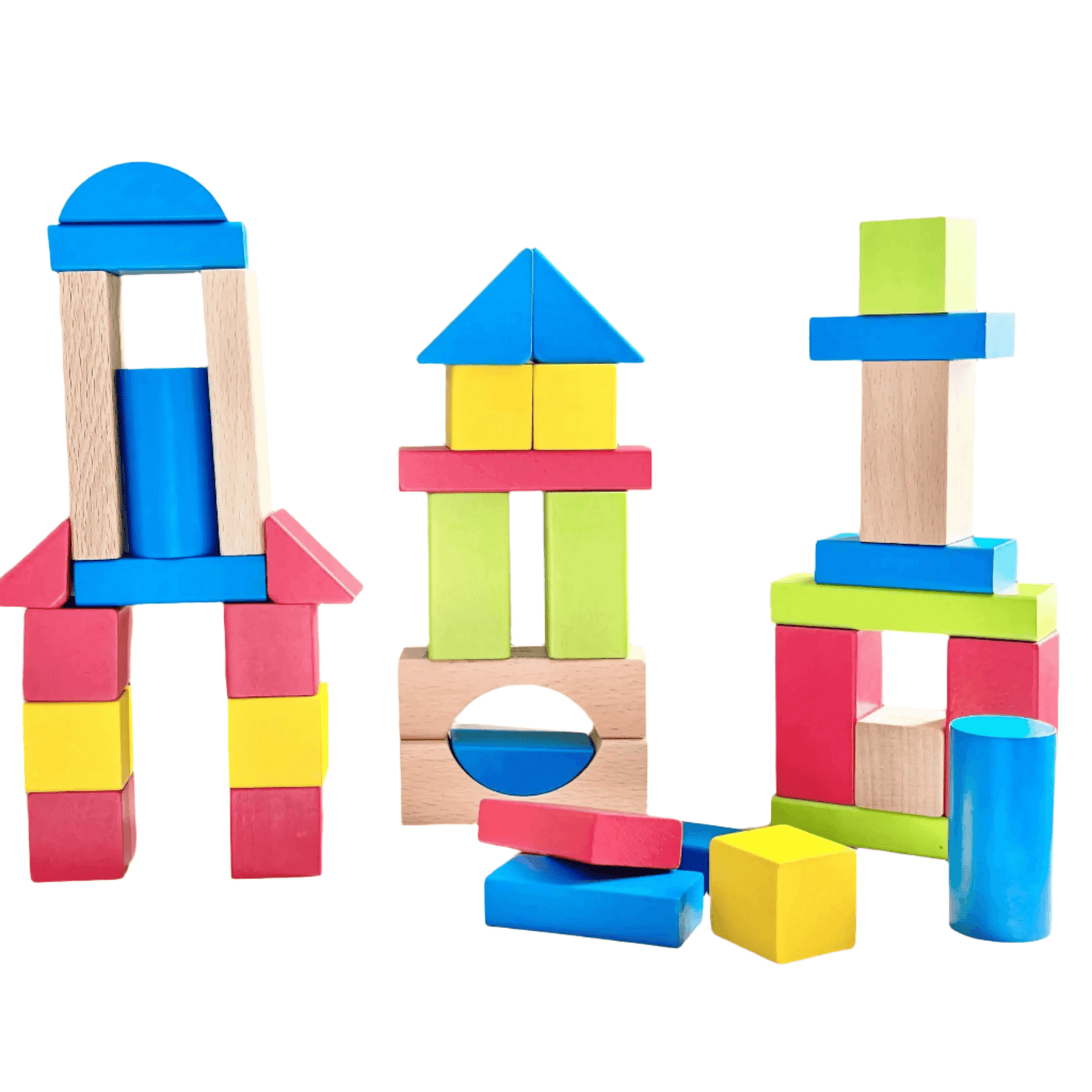 Montessori-inspired brightly colored wooden building blocks set for open-ended play, crafted from eco-friendly maple wood.