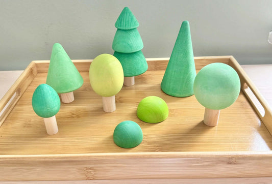 Handcrafted wooden toy trees set, Montessori inspired, eco-friendly and perfect for open-ended play on a wooden tray