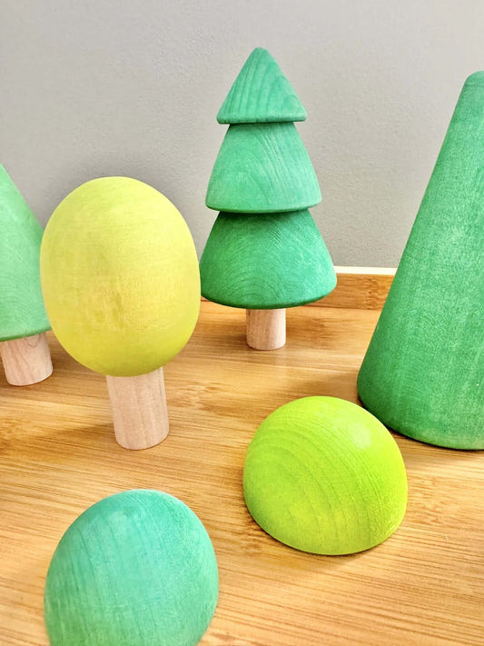 Handcrafted wooden trees set for open-ended play, Montessori-inspired eco-friendly toy for kids, Green Forest Trees by Tor’s Story.