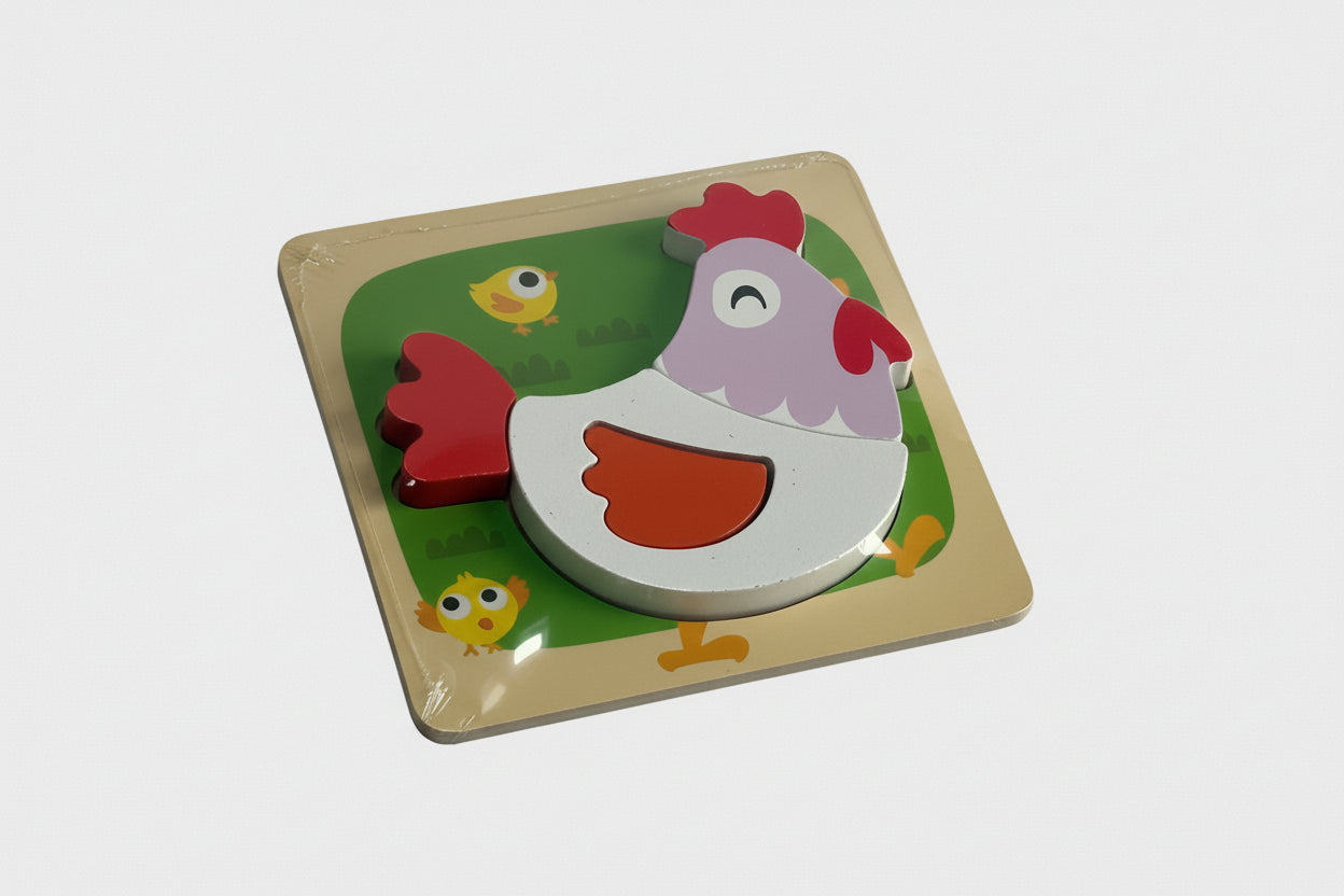Children's puzzle with a cartoon chicken on a white background