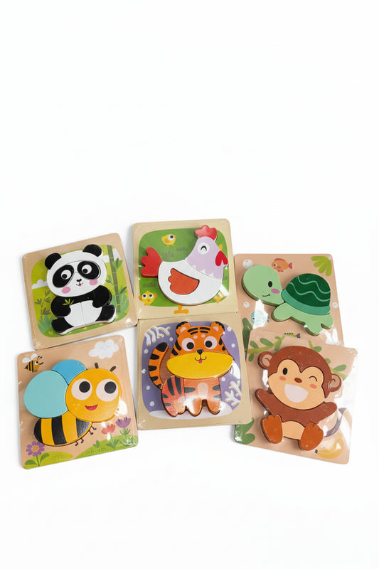 animal-themed wooden puzzles on a white background