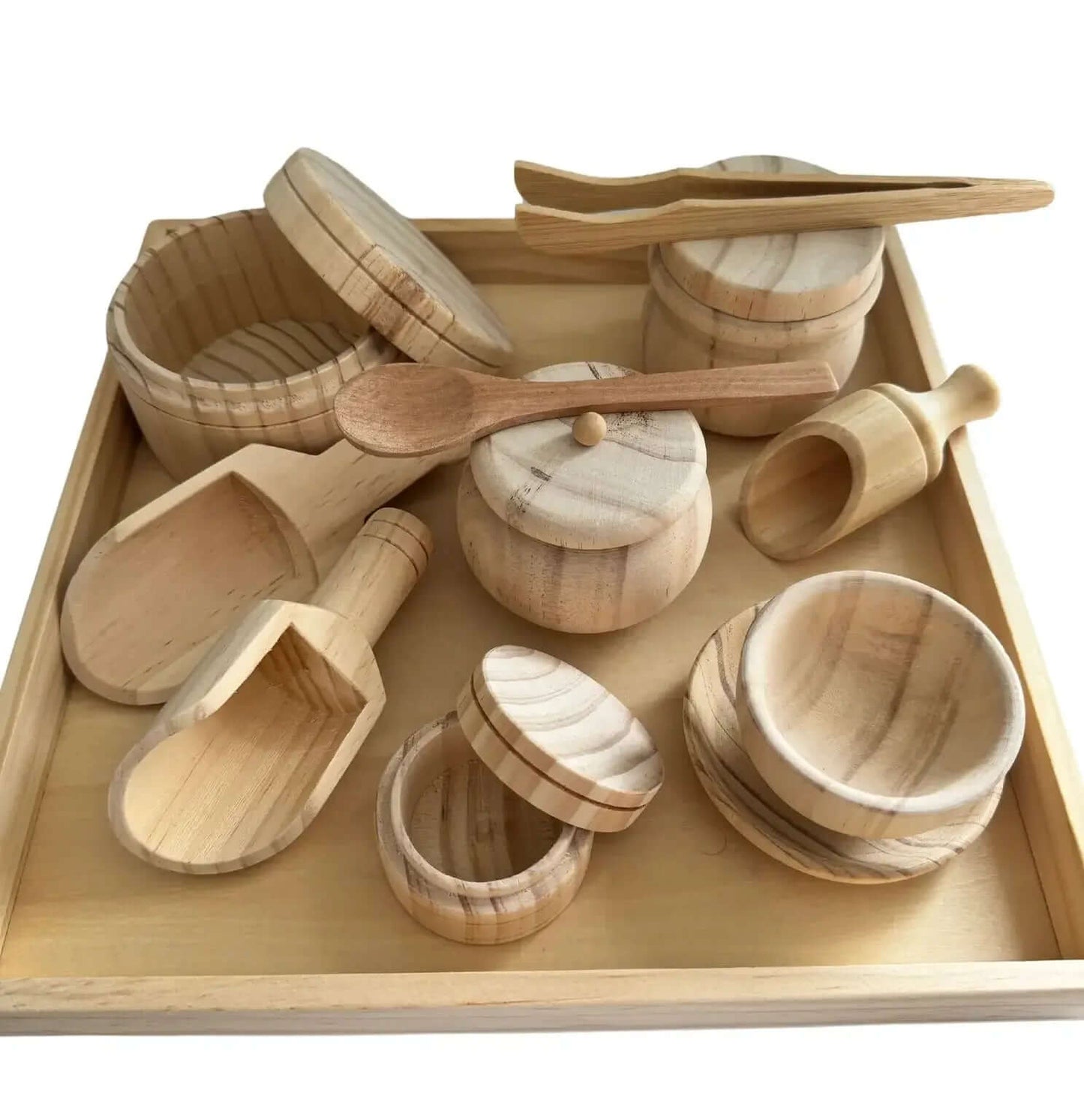 Eco-friendly wooden sensory play set for children, promoting Montessori-inspired open-ended play and sensory development