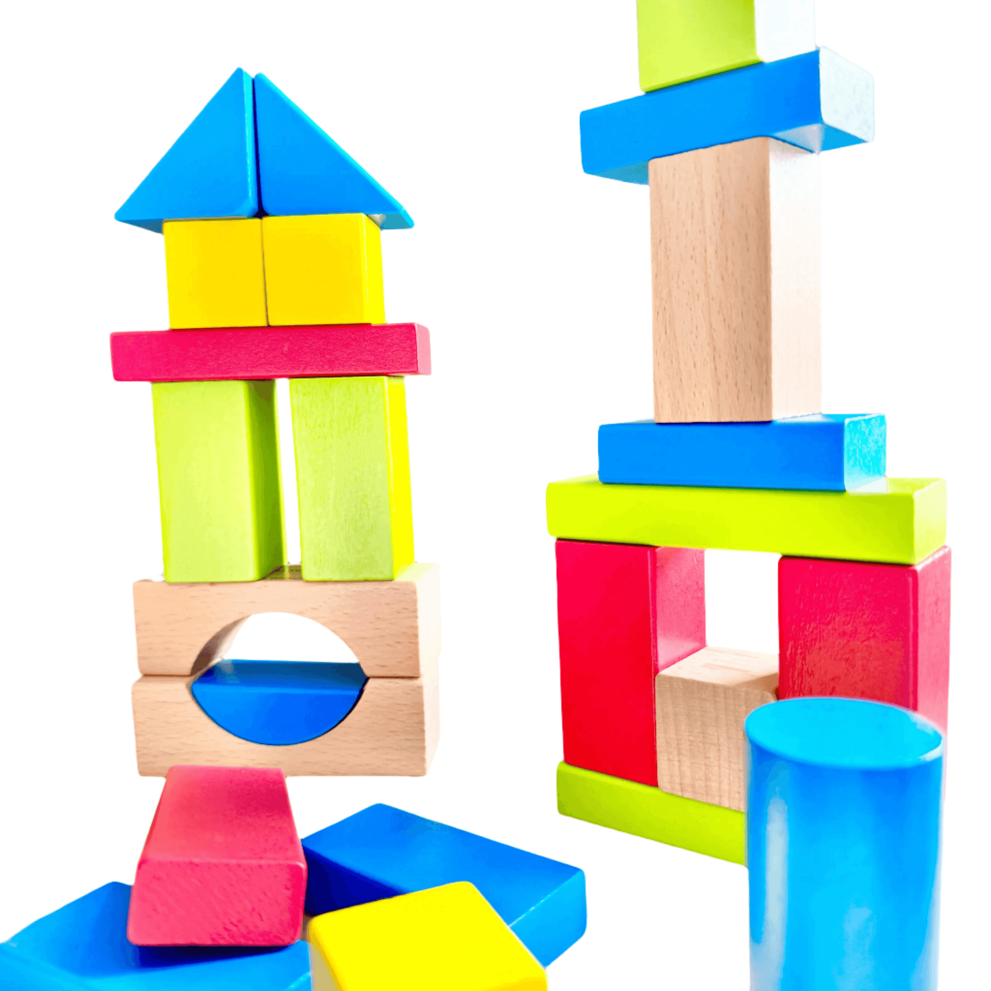 Brightly coloured wooden Montessori-inspired building blocks set for open-ended play, perfect for toddlers' fine motor skills development.