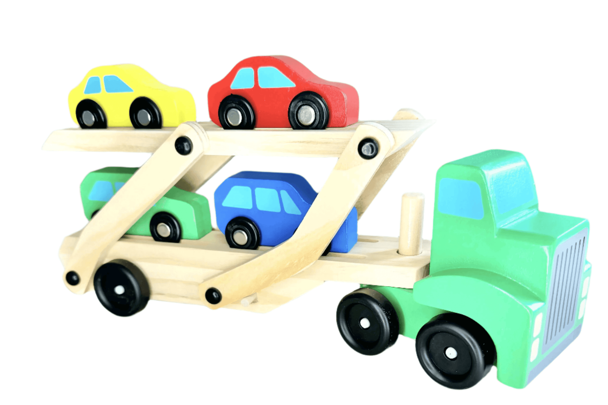 Wooden toy car carrier with colorful cars on a double-decker truck, perfect for Montessori-inspired open-ended play and eco-friendly fun