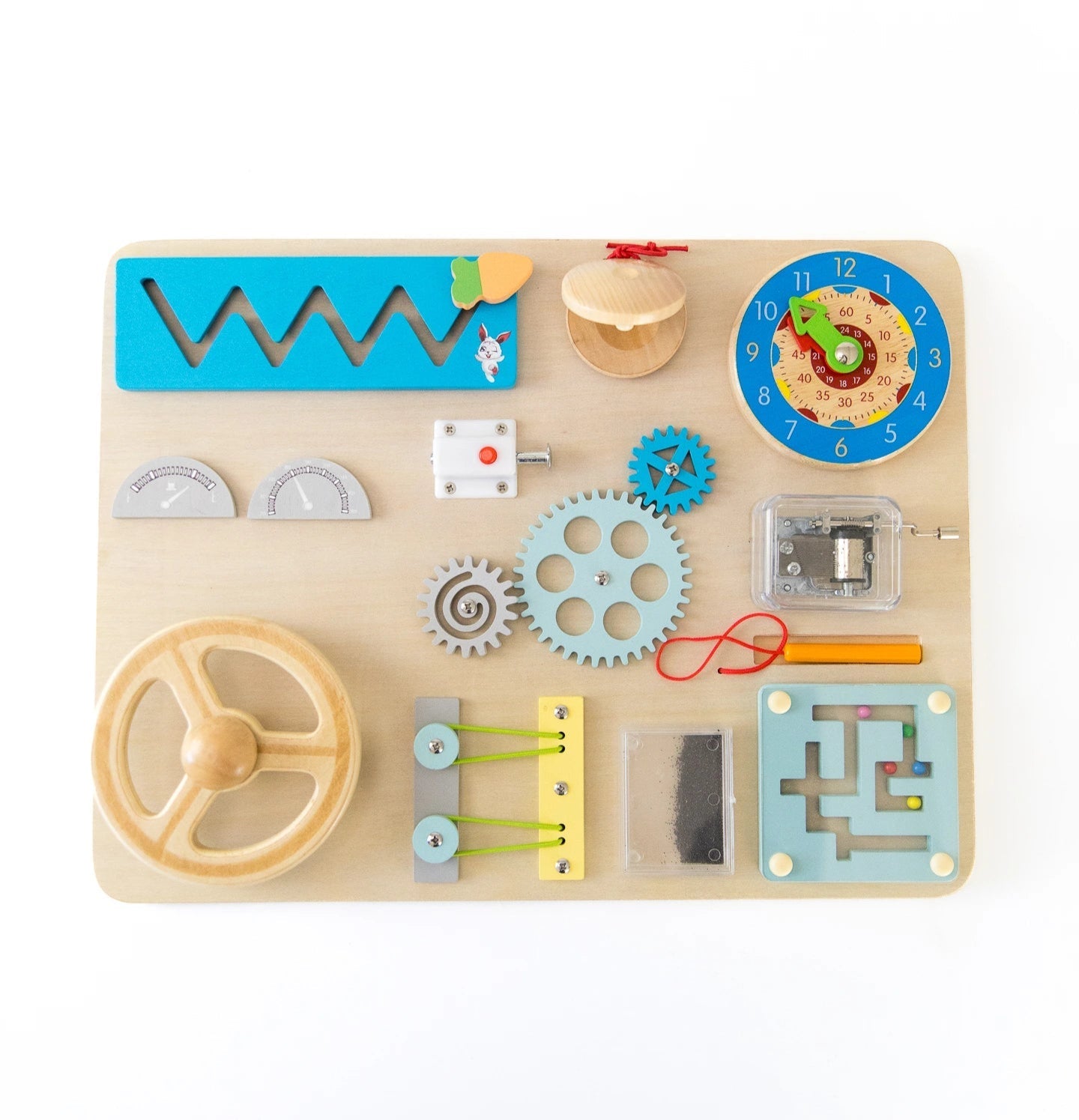 Wooden Busy Board for Toddlers with a Steering Wheel