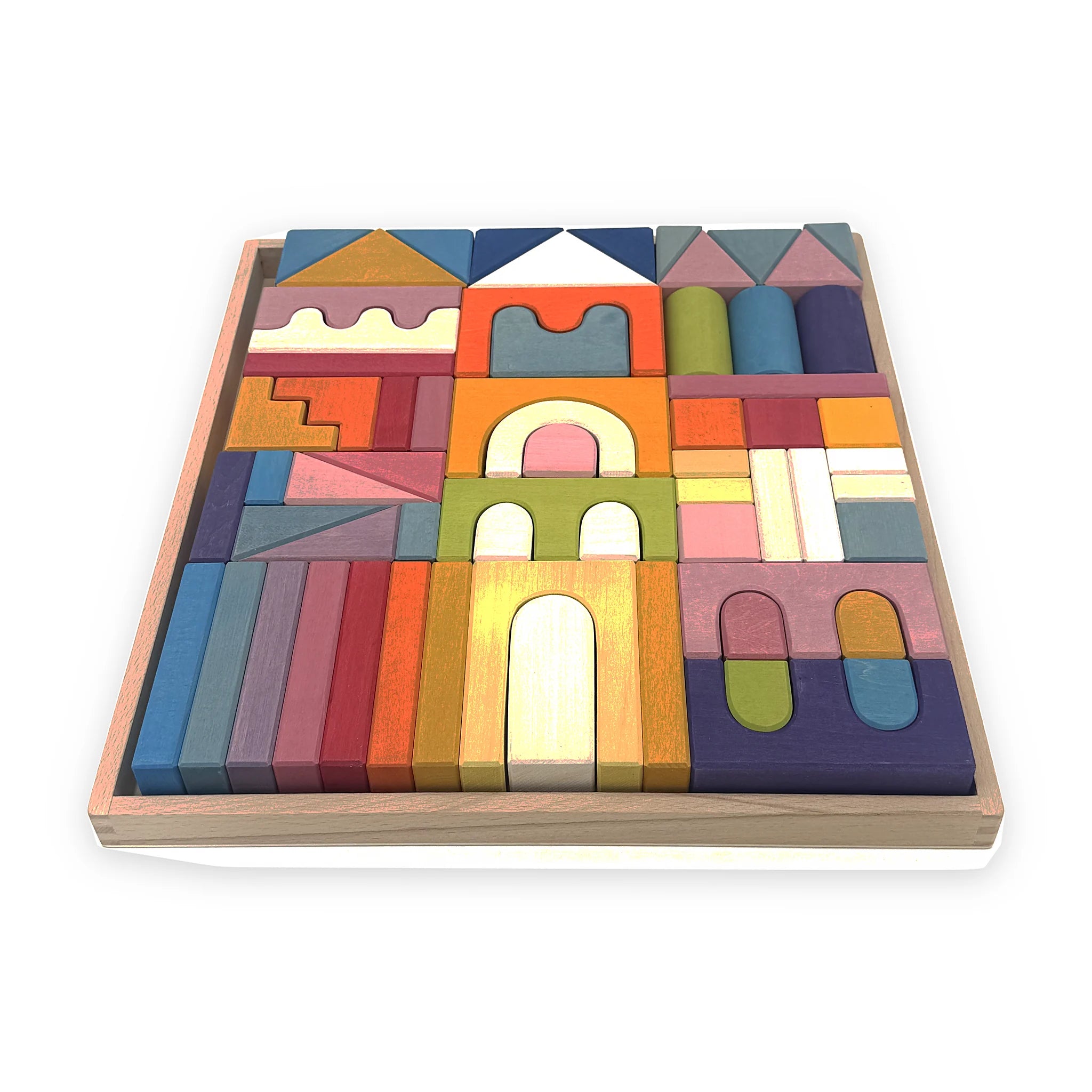 Castle wooden building blocks set arranged in wooden tray