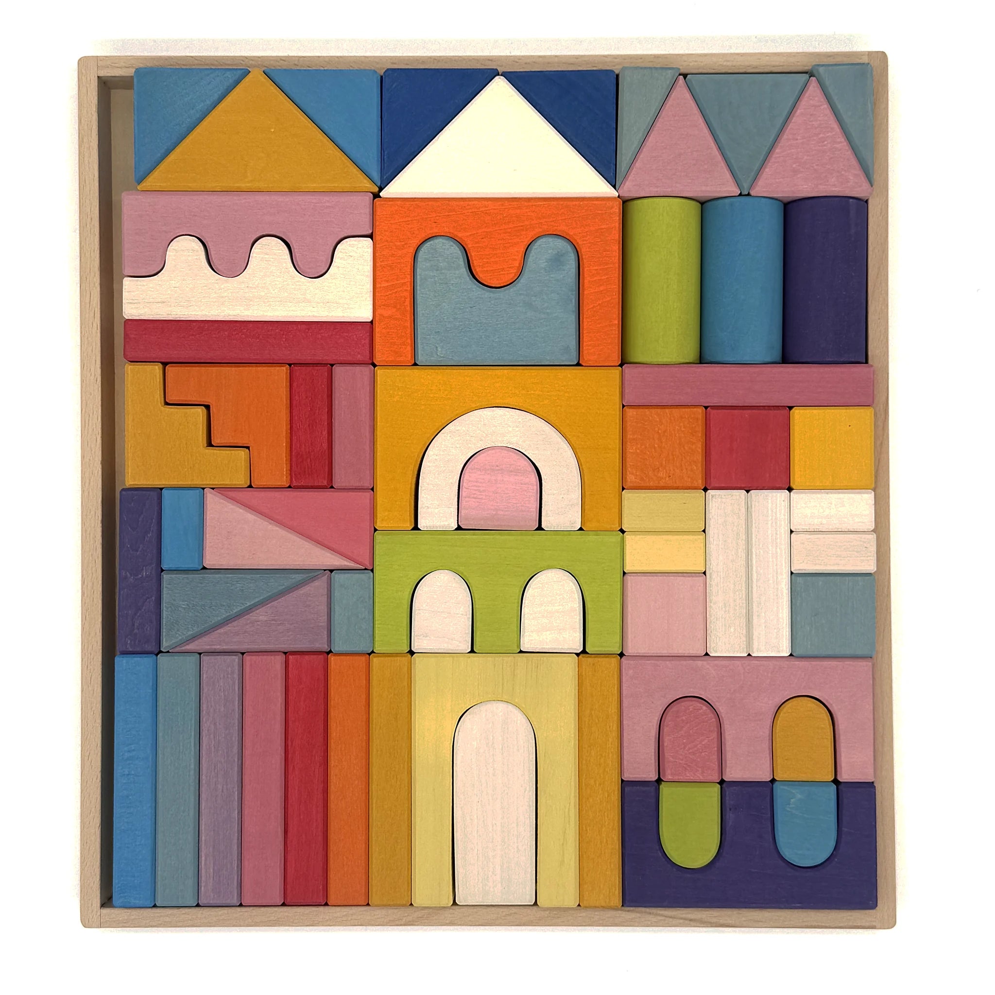 Wooden castle building block set viewed from above
