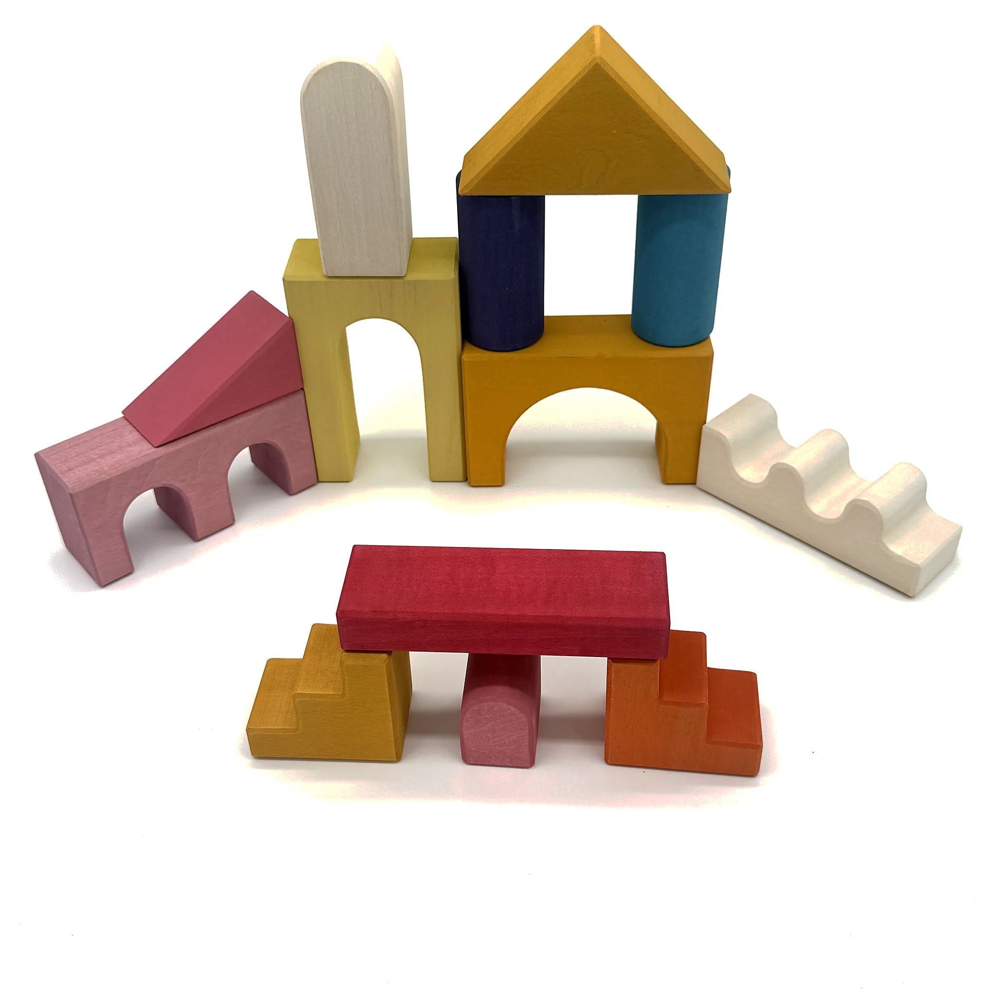 Open-ended wooden castle blocks built into towers and bridges