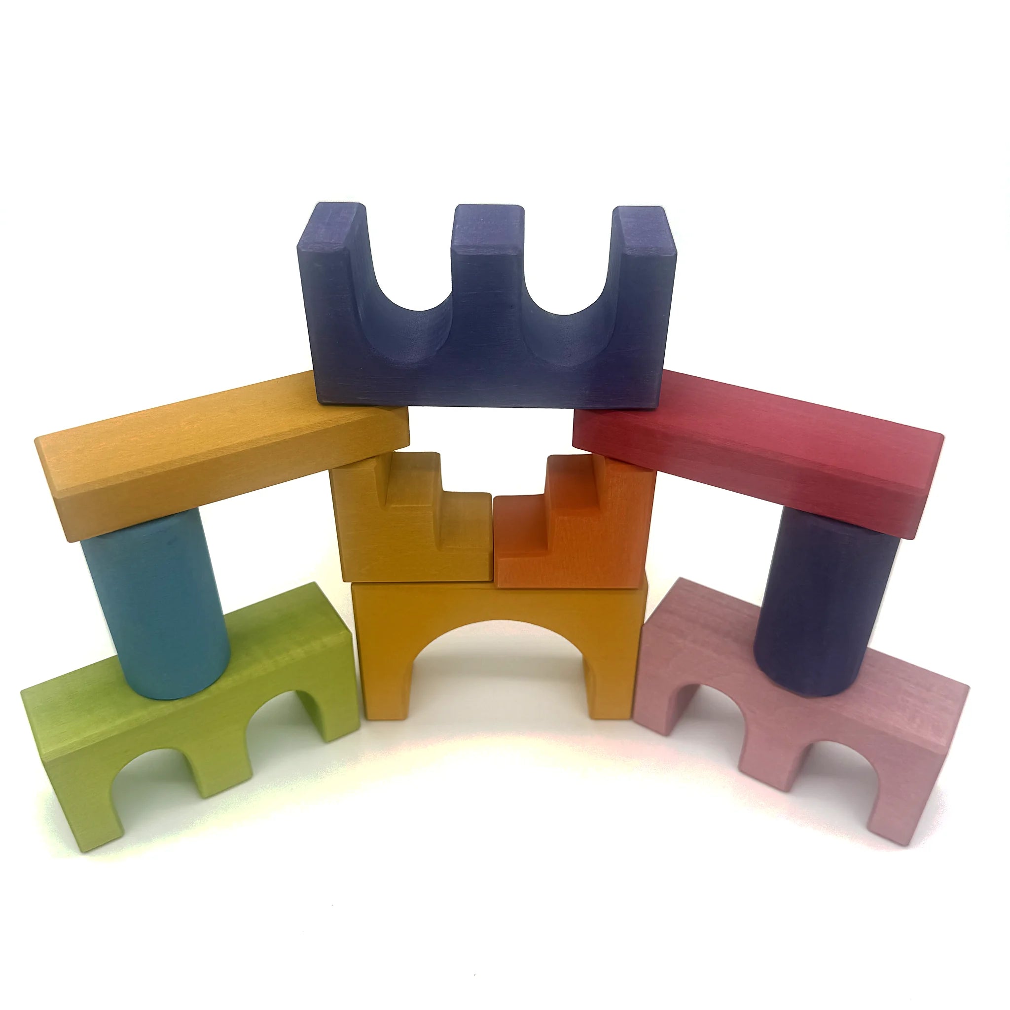 Wooden castle construction blocks with arches cylinders and roof pieces