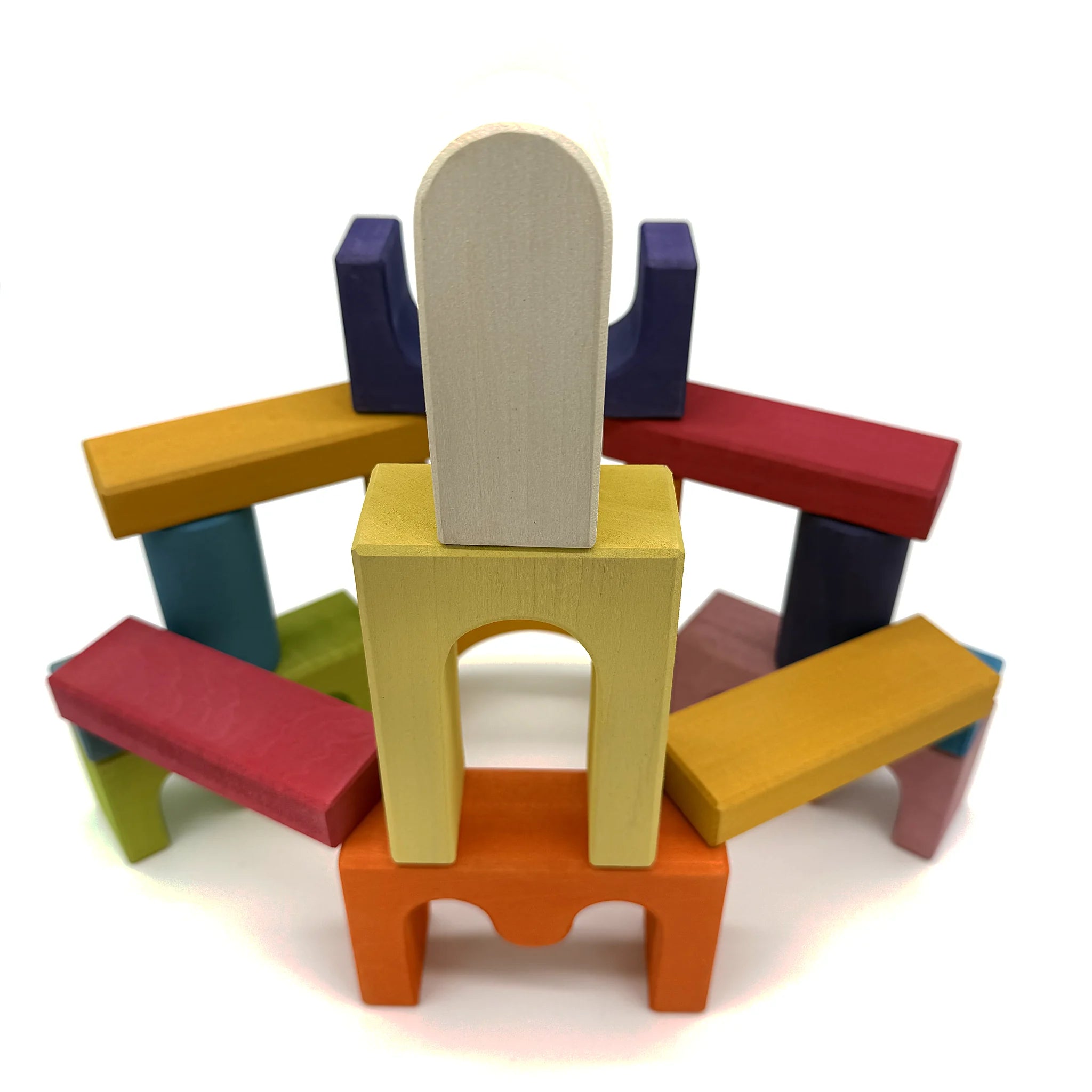 Open-ended castle building blocks arranged into a colourful structure