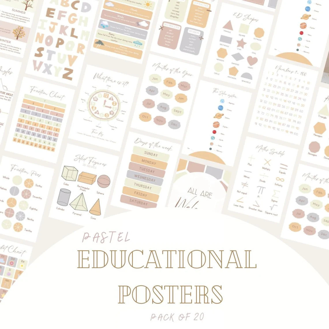 Pastel educational poster pack of 20 featuring alphabet, numbers, weather, and shapes for classrooms and learning spaces.