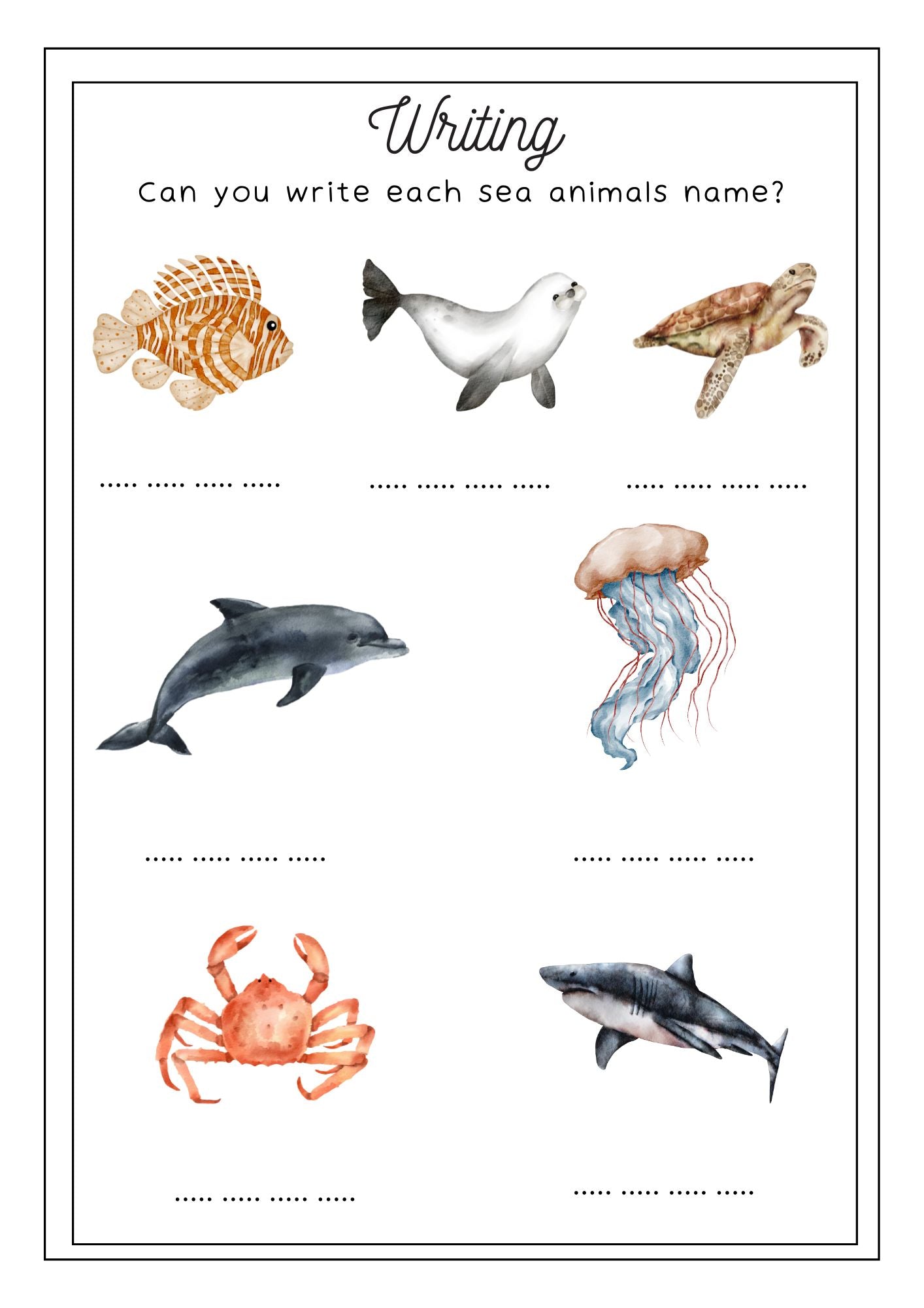 Ocean-themed writing activity featuring sea animals like seals, dolphins, and sharks for kids to name.