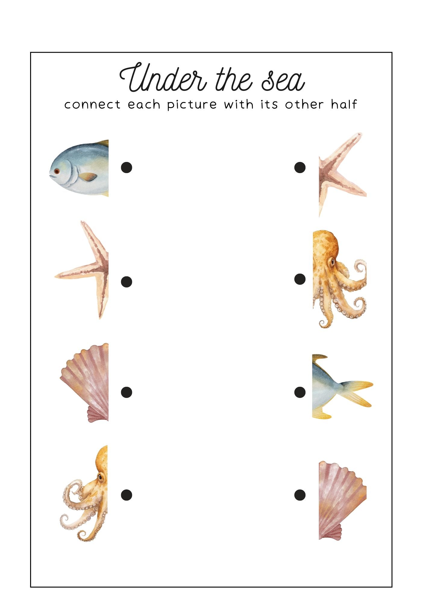 Under the sea activity sheet for children featuring fish, octopus, starfish, and shells to connect matching pictures.