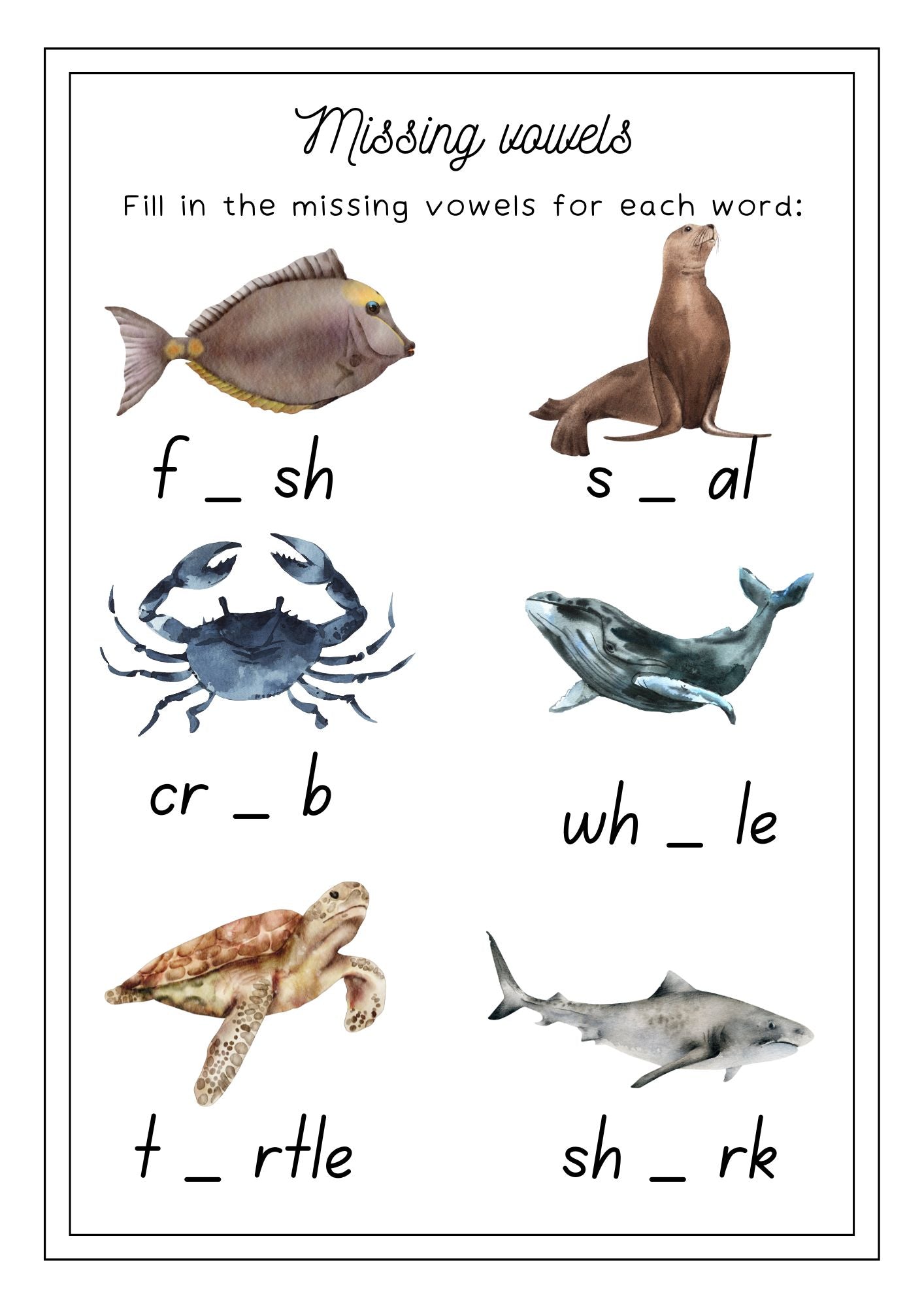 Educational activity sheet for kids to fill in missing vowels in ocean-themed words.