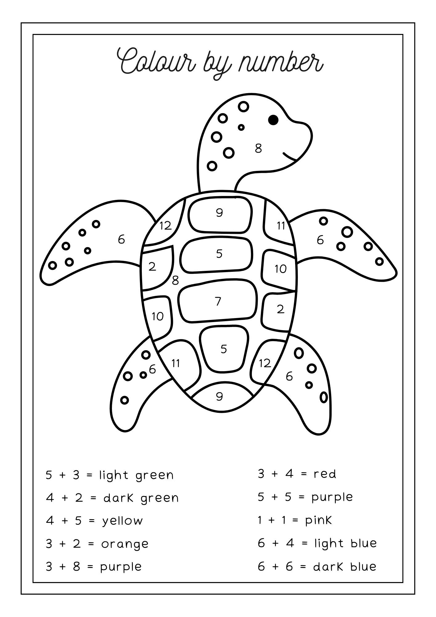 Color by number turtle activity sheet with numbered sections for coloring instructions.