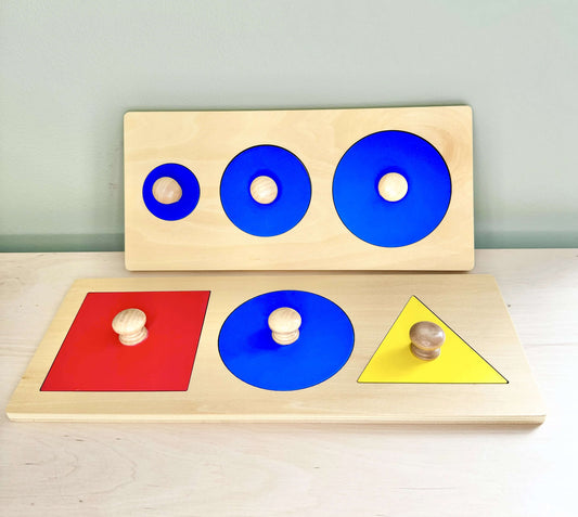 Two wooden Montessori-inspired puzzles for children featuring circles of varying sizes and shapes for open-ended, eco-friendly play.