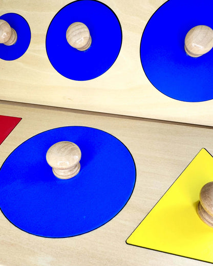 Wooden Montessori-inspired multi puzzle set with colorful shapes, circles, and geometric designs, promoting open-ended, eco-friendly play for children.