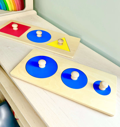 Montessori inspired wooden puzzle set with circles and shapes for open-ended play and spatial reasoning. Eco-friendly educational toy for kids.