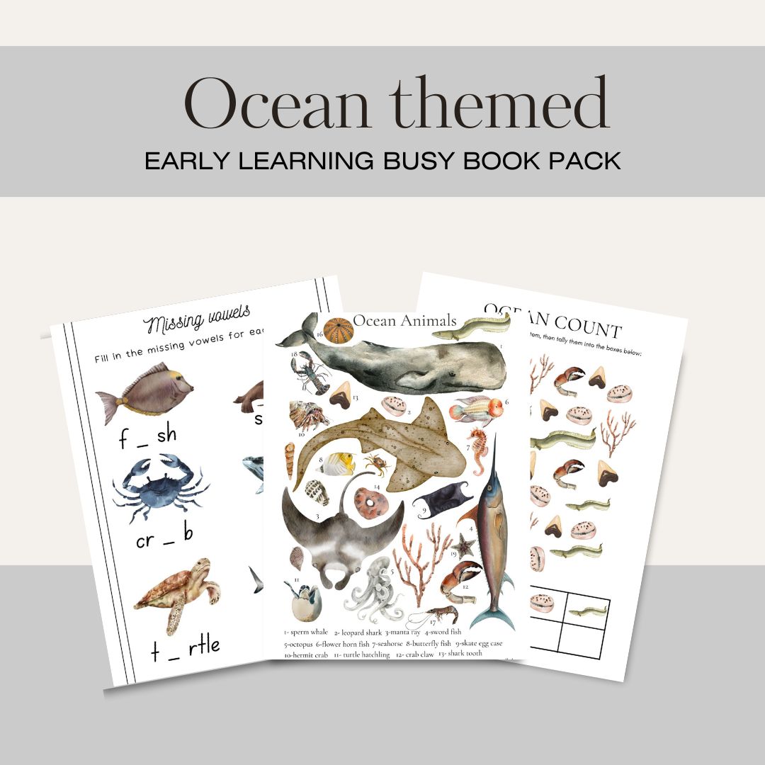 Ocean themed early learning busy book pack featuring ositive activities for kids in an illustrated format.