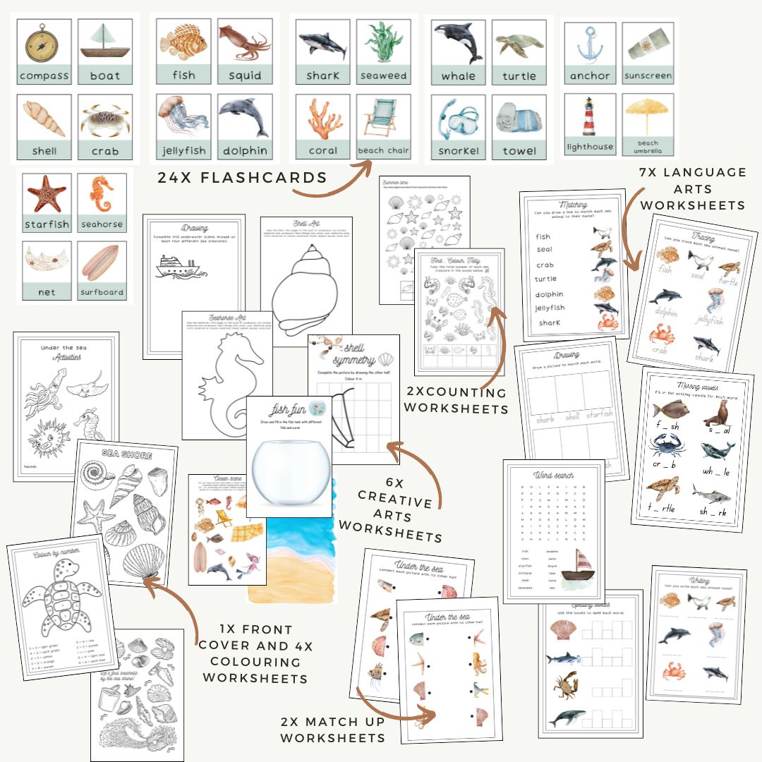 Ocean themed activity pack image featuring flashcards, worksheets, and creative arts activities for kids.