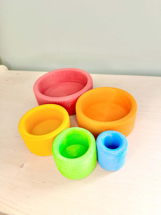 Wooden Rainbow Nesting Cups for Toddlers - Eco-Friendly Montessori Inspired Open-Ended Play Toy