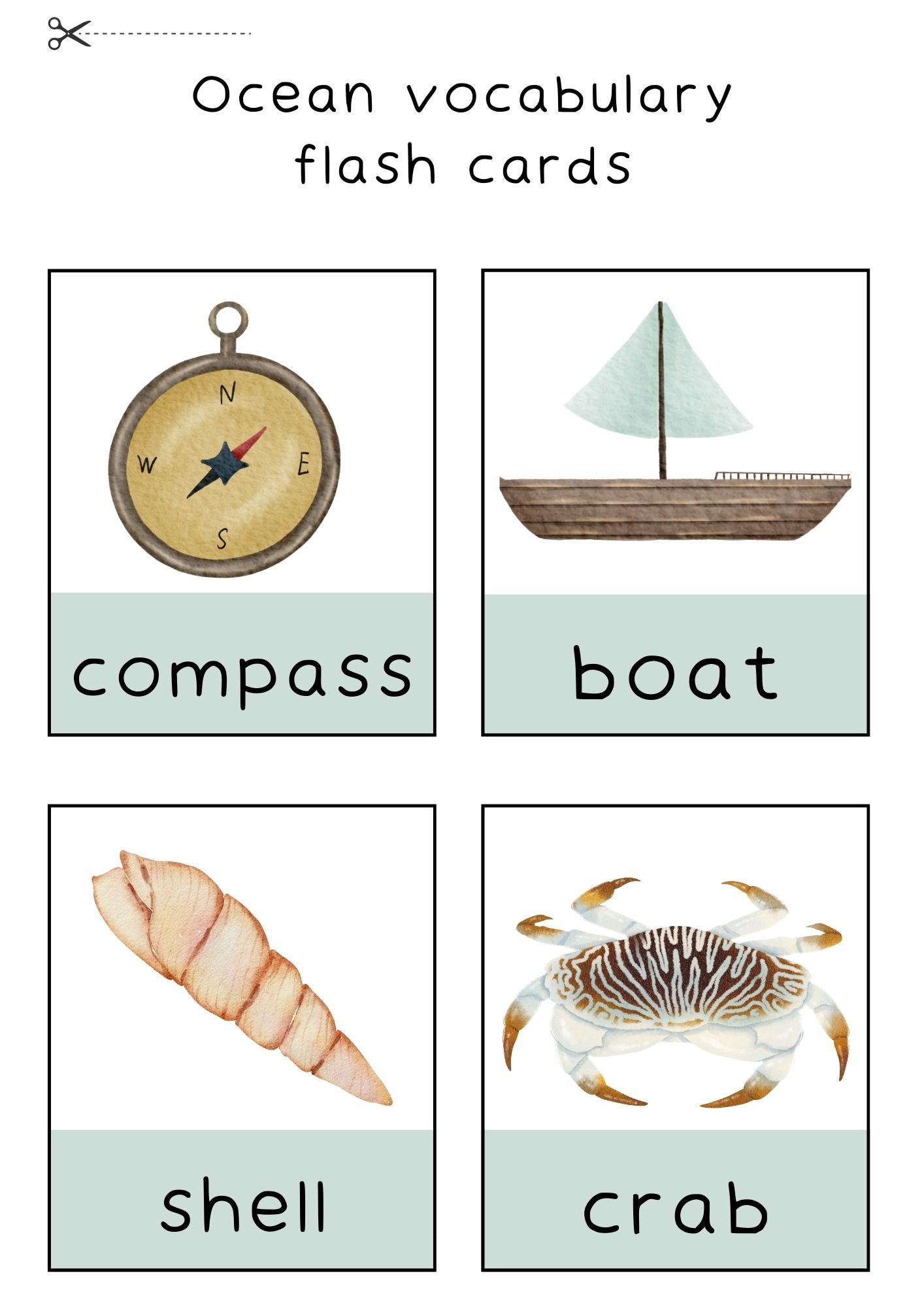 Ocean vocabulary flash cards featuring compass, boat, shell, and crab illustrations for educational fun.