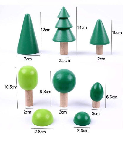 8-piece handcrafted wooden green forest trees set for open-ended, Montessori-inspired play. Eco-friendly and handmade wooden toy for kids.