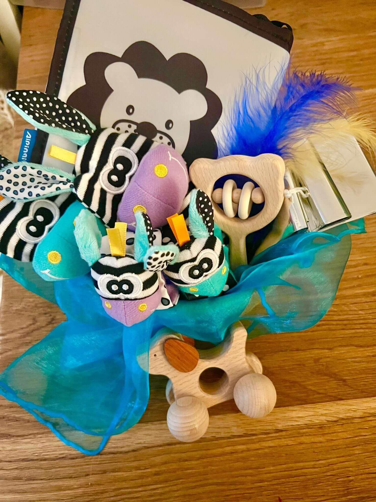 Newborn sensory basket with high contrast cloth book, wooden toy dog, Montessori inspired eco-friendly toys, and colorful sensory items