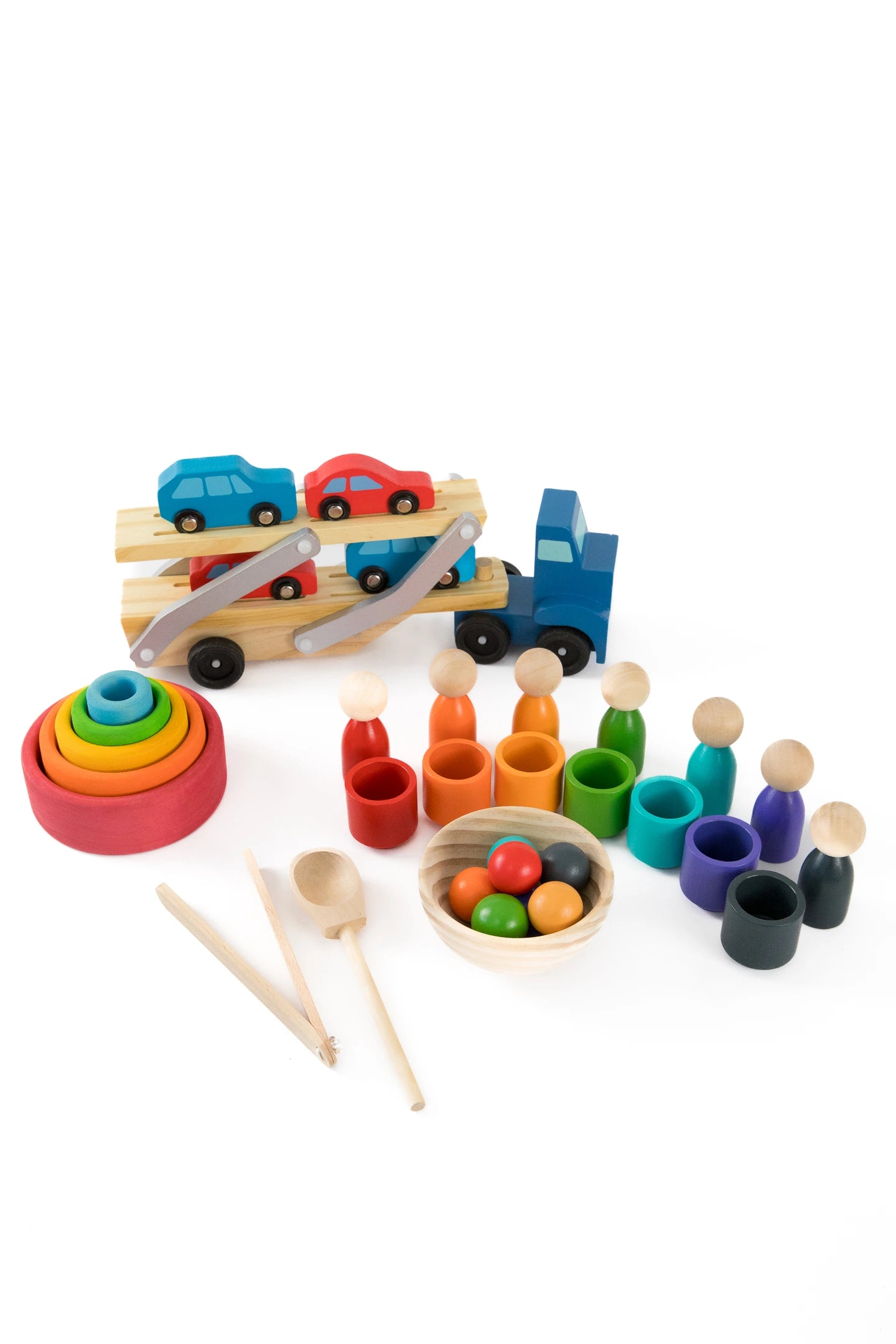 Watch Me Grow Bundle toys including wooden cars, stacking rings, and colorful figures for toddlers aged 12-36 months.