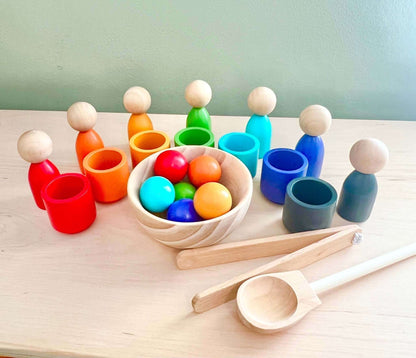 7-Colour Wooden Rainbow Sorting Set with Puppets and Balls for Skill Development | Tor’s Story