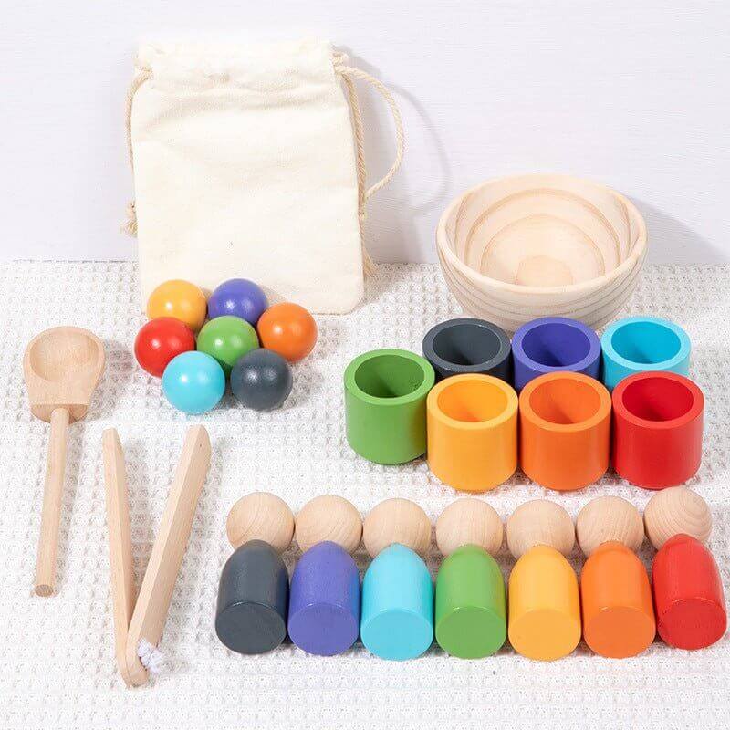 Educational Rainbow-Colored Wooden Sorting Cups with Matching Balls and Puppets | Tor’s Story