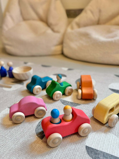 Rainbow Wooden Cars with Colored Peg People - Sustainable Montessori Toy for Kids' Education, Non-Toxic and Safe