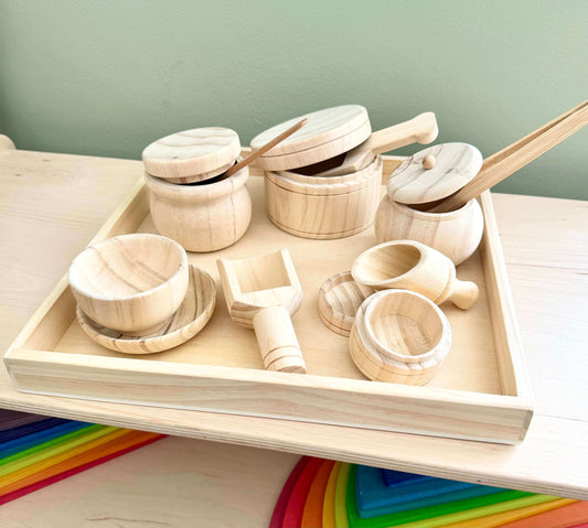 Wooden Sensory Play Set, 15-piece Montessori-inspired eco-friendly wooden toy for open-ended play and sensory development.