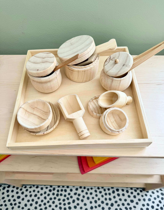 Wooden sensory play set for kids fostering Montessori-inspired open-ended play and sensory development, eco-friendly wooden toy