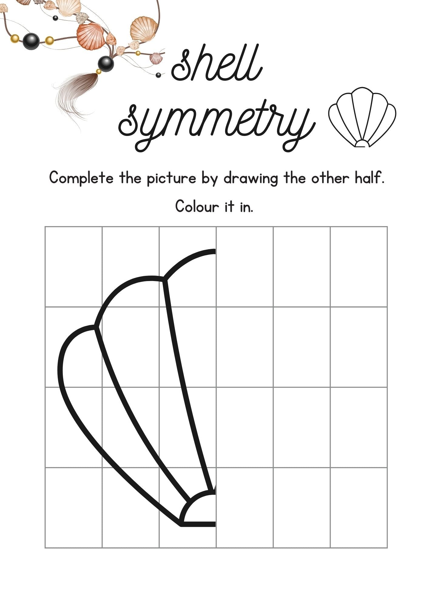 Shell symmetry activity page for children, featuring a half-drawn shell for coloring and completion.