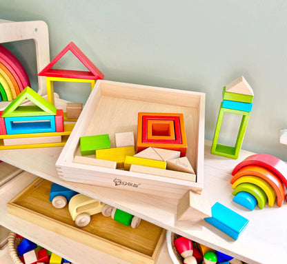 Montessori-inspired wooden hollow blocks set for open-ended play, eco-friendly colorful wooden toys, perfect for kids' creative play.